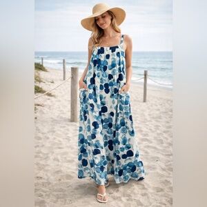 Blue Abstract Cotton Maxi Dress Coastal Nantucket Pockets Size 3XL
